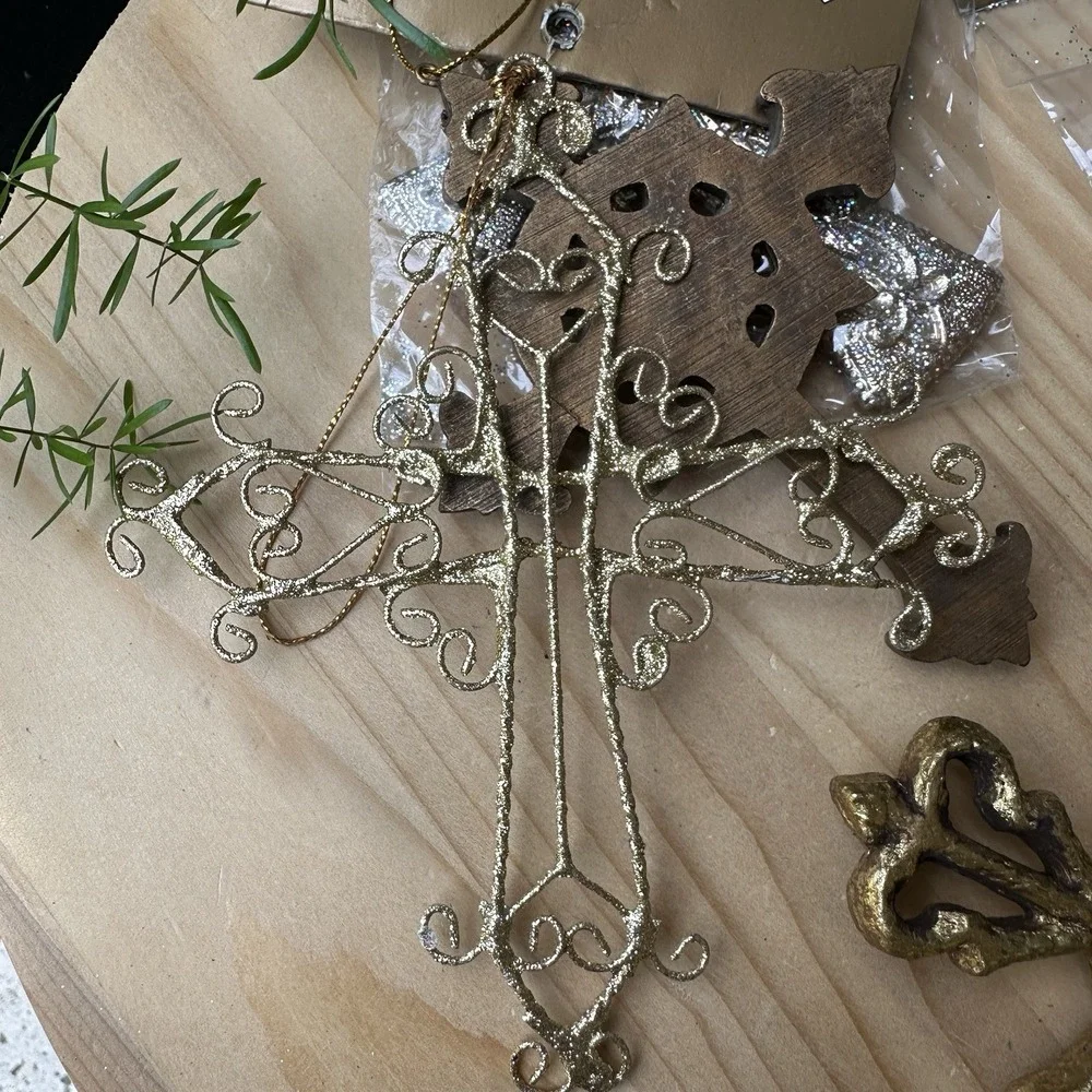 VTG Roman Inc Dimensional Cross Christmas‎ Holiday Ornaments Gold Tone Set Of 5